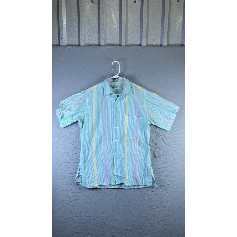 Van Heusen Sportswear Shirt Mens Medium Blue Striped Fair Vintage Short Sleeve